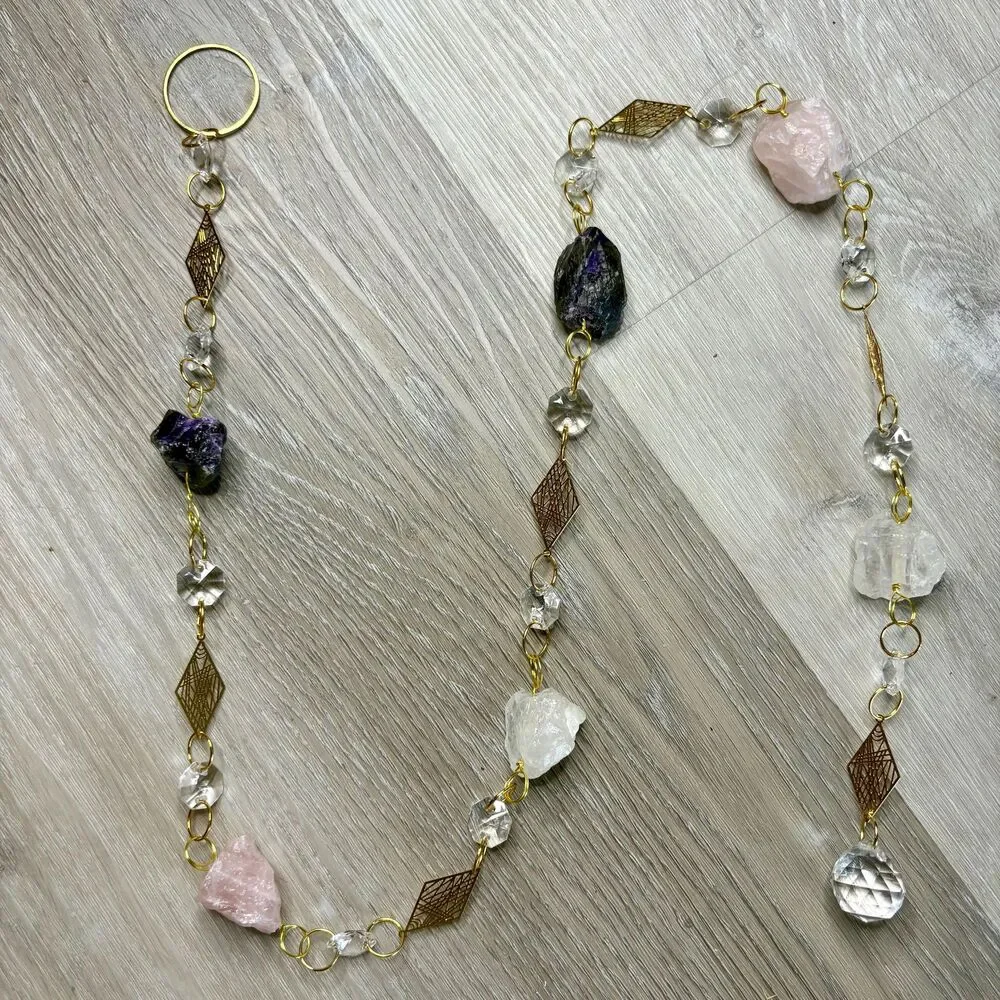 Raw Amethyst, Rose Quartz, Crystal Quartz Gemstone Wall Hanging, Crystal Prism